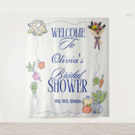 市場から届いたばかりのウェディングシャワーのためにデザインされた、かわいいイラストの写真用背景 タペストリー