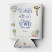 市場から届いたばかりのウェディングシャワーのためにデザインされた、ふんわりとしたイラストの背景 缶クーラー (正面)