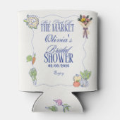 市場から届いたばかりのウェディングシャワーのためにデザインされた、ふんわりとしたイラストの背景 缶クーラー (裏面)