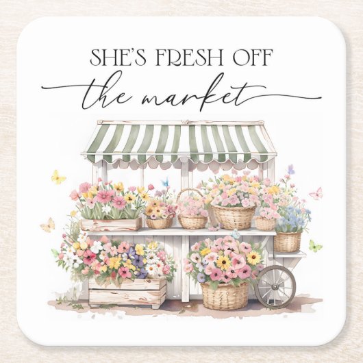 市場から届いたばかりのウェディングシャワーのためのウォーターカラー スクエアペーパーコースター (正面)