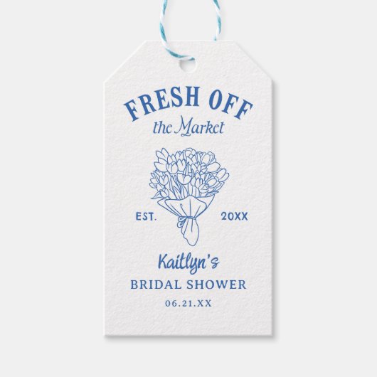 市場から届いたばかりのブルー ブライダルシャワー ギフトタグ (正面)