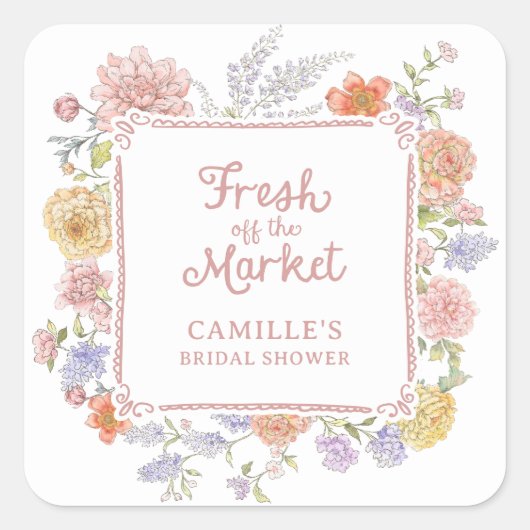 市場から届いたばかりの花のブライダルシャワー スクエアシール (正面)