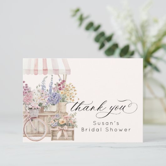 市場から届いたばかりの花台 ブライダルシャワー サンキューカード (スタンド正面)