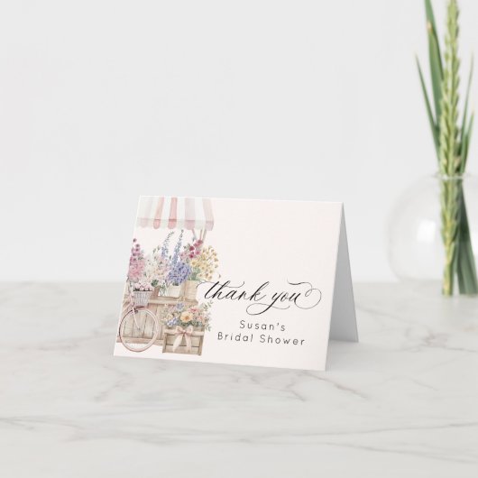 市場から届いたばかりの花台 ブライダルシャワー サンキューカード (正面)