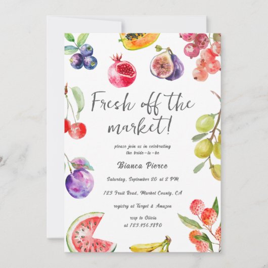 市場から生まれた果物のブライダルシャワー 招待状 (正面)