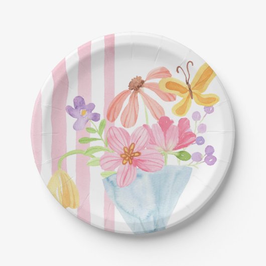 市場から生まれピンクストライプ色の水色 ペーパープレート (正面)