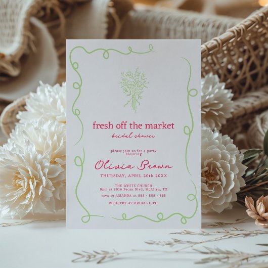 市場から生まれ手で引いたブライダルシャワー 招待状