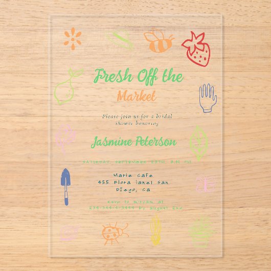 市場から生まれ手を引いたブライダルシャワー アクリル招待状 (正面)