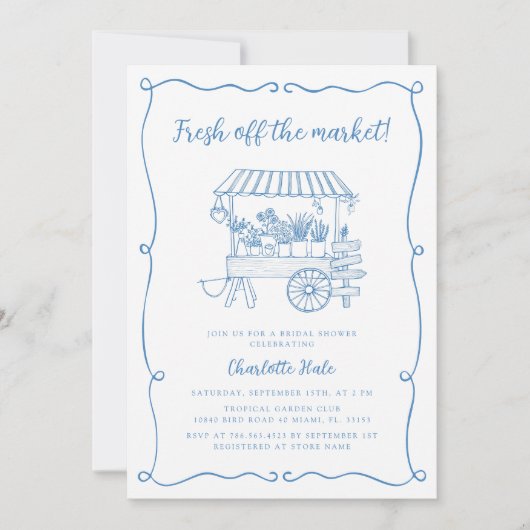 市場から生まれ手を引いたブライダルシャワー 招待状 (正面)
