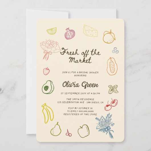 市場から生まれ手を引いたブライダルシャワー 招待状 (正面)
