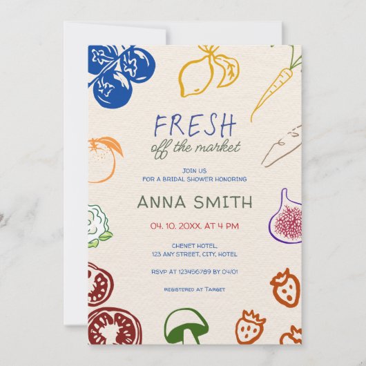 市場から生まれ手を引いたブライダルシャワー 招待状 (正面)