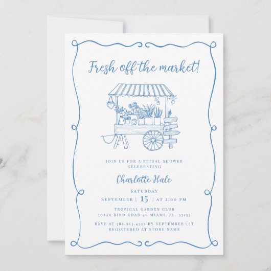 市場から離れた手で引かれたブライダルシャワー 招待状 (正面)