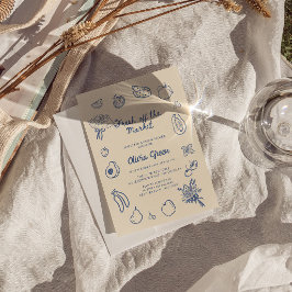 市場から離れて青い手で引かれたブライダルシャワー 招待状