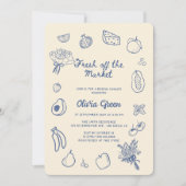 市場から離れて青い手で引かれたブライダルシャワー 招待状 (正面)