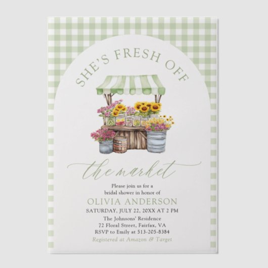 市場でフレッシュなグリーンギンガムの花嫁シャワー ベラム紙招待状 (正面)