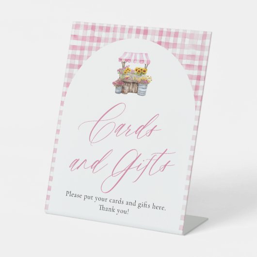 市場のカードとギフトから生まれたピンクのギンガム 台座サイン (正面)