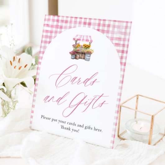 市場のカードとギフトから生まれたピンクのギンガム 台座サイン