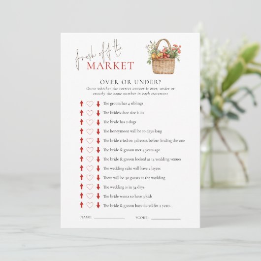 市場の上または下のブライダルシャワーゲームカード 招待状 (スタンド正面)