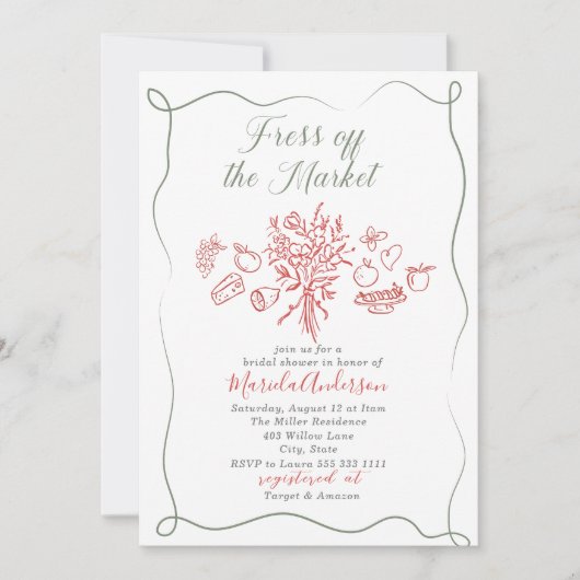 市場エレガントの水の色の新鮮なブライダルSh 招待状 (正面)