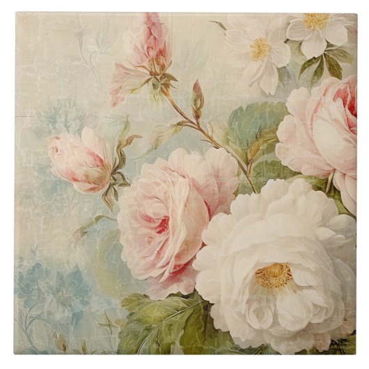 市場フランスの花ヴィンテージフローラピンクと白 タイル (正面)