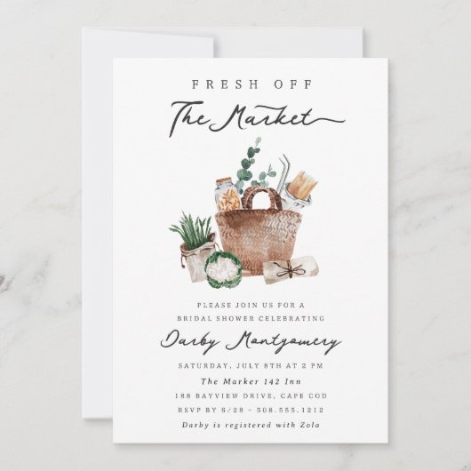 市場外のフレッシュ農家市場ブライダルシャワー 招待状 (正面)