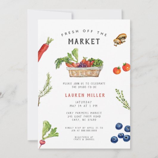 市場外のフレッシュ農家市場ブライダルシャワー 招待状 (正面)