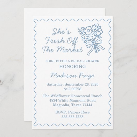 市場外のブライダルシャワー青 招待状 (正面/裏面)
