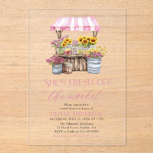 市場外の農家市場ブライダルシャワー アクリル招待状 (正面)