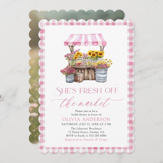 市場外の農家市場ブライダルシャワー 招待状 (正面/裏面)