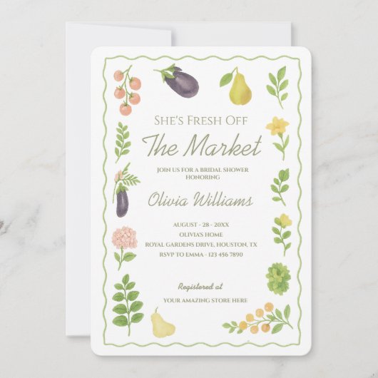 市場外の農家市場ブライダルシャワー 招待状 (正面)