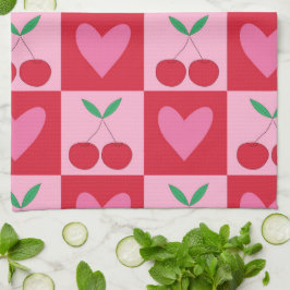 市松模様にさくらんぼとピンクのハートパターン キッチンタオル