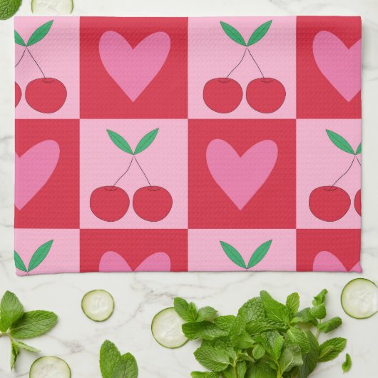 市松模様にさくらんぼとピンクのハートパターン キッチンタオル (折り畳み)