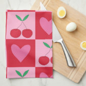 市松模様にさくらんぼとピンクのハートパターン キッチンタオル (四つ折り)