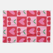 市松模様にさくらんぼとピンクのハートパターン キッチンタオル (横)