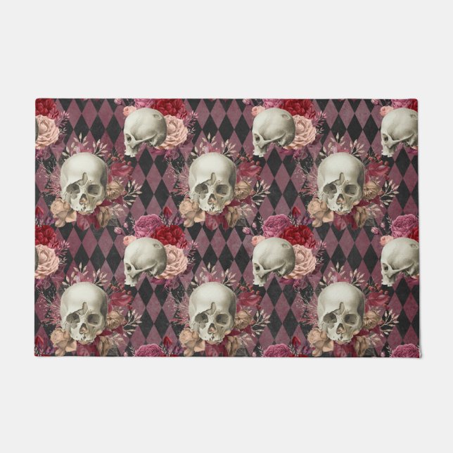市松模様になるバラおよびピンクの紫色のスカル ドアマット (正面)