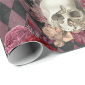 市松模様になるバラおよびピンクの紫色のスカル ラッピングペーパー (ロールコーナー)