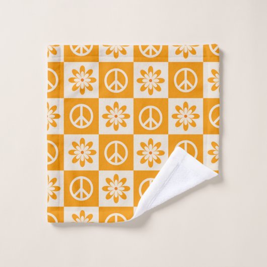 市松模様にオレンジの溝色の花と平和のサイン バスタオルセット (ウォッシュタオル)