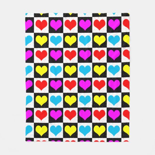 市松模様にカラフルハート フリースブランケット (正面)