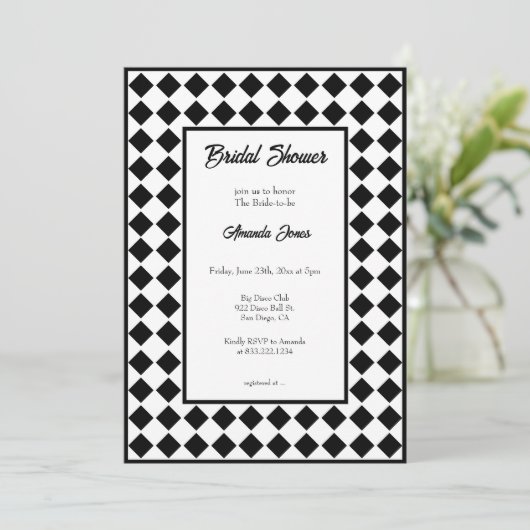 市松模様にシンプルモダン白黒ブライダルシャワー 招待状 (スタンド正面)