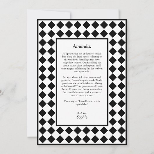 市松模様にシンプル白黒Be My Bridesmaid Card シーズンカード (正面)
