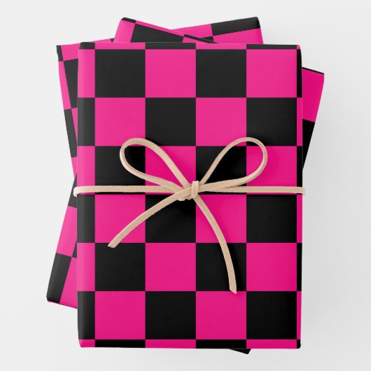 市松模様にスクエアホットピンクブラック ラッピングペーパーシート (インサイチュ)