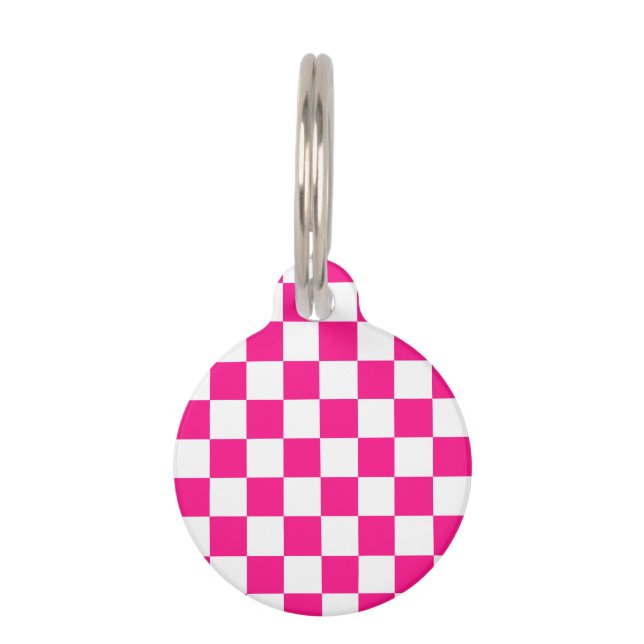 市松模様にスクエアホットピンクホワイト ペット　ネームタグ (正面)