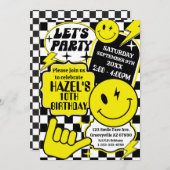 市松模様にスマイル顔誕生日パーティー招待 招待状 (正面/裏面)