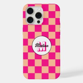 市松模様にス桃ホットピンクのレトロモノグラム iPhone 15 PRO MAXケース