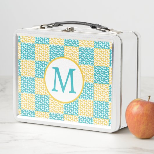 市松模様にターコイズと黄と白の愛 メタルランチボックス (インサイチュ)