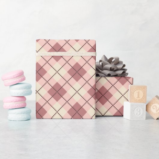 市松模様にタータンチェックプライドクラシックベージュ茶色 ラッピングペーパー (ベビーシャワー)
