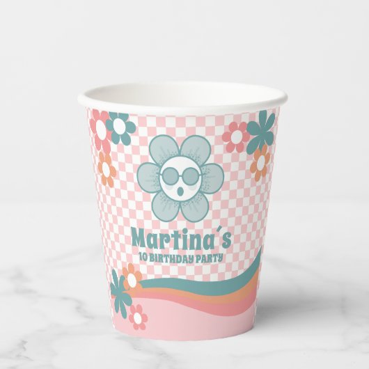市松模様にデイジーバースデーパーティー紙カップ 紙コップ (正面)