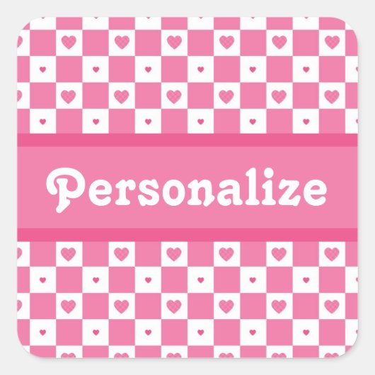 市松模様にハート正方形パターンのピンクと白 スクエアシール (正面)