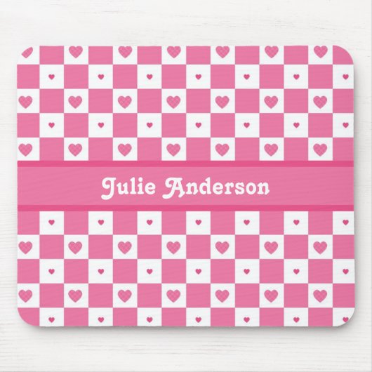 市松模様にハート正方形パターンのピンクと白 マウスパッド (正面)
