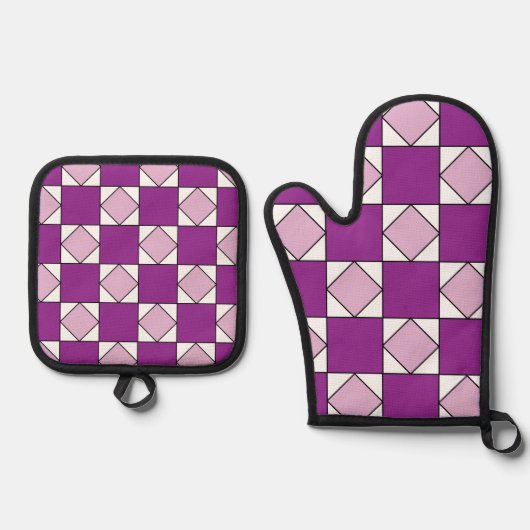 市松模様にパープルスクエア市松模様にダイヤモンド 鍋つかみ&鍋敷きセット (正面)